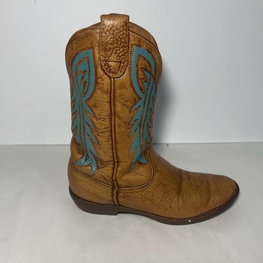 Ceramic Cowboy Boot Figurine Tan with Blue Embroidered Design Western Decor